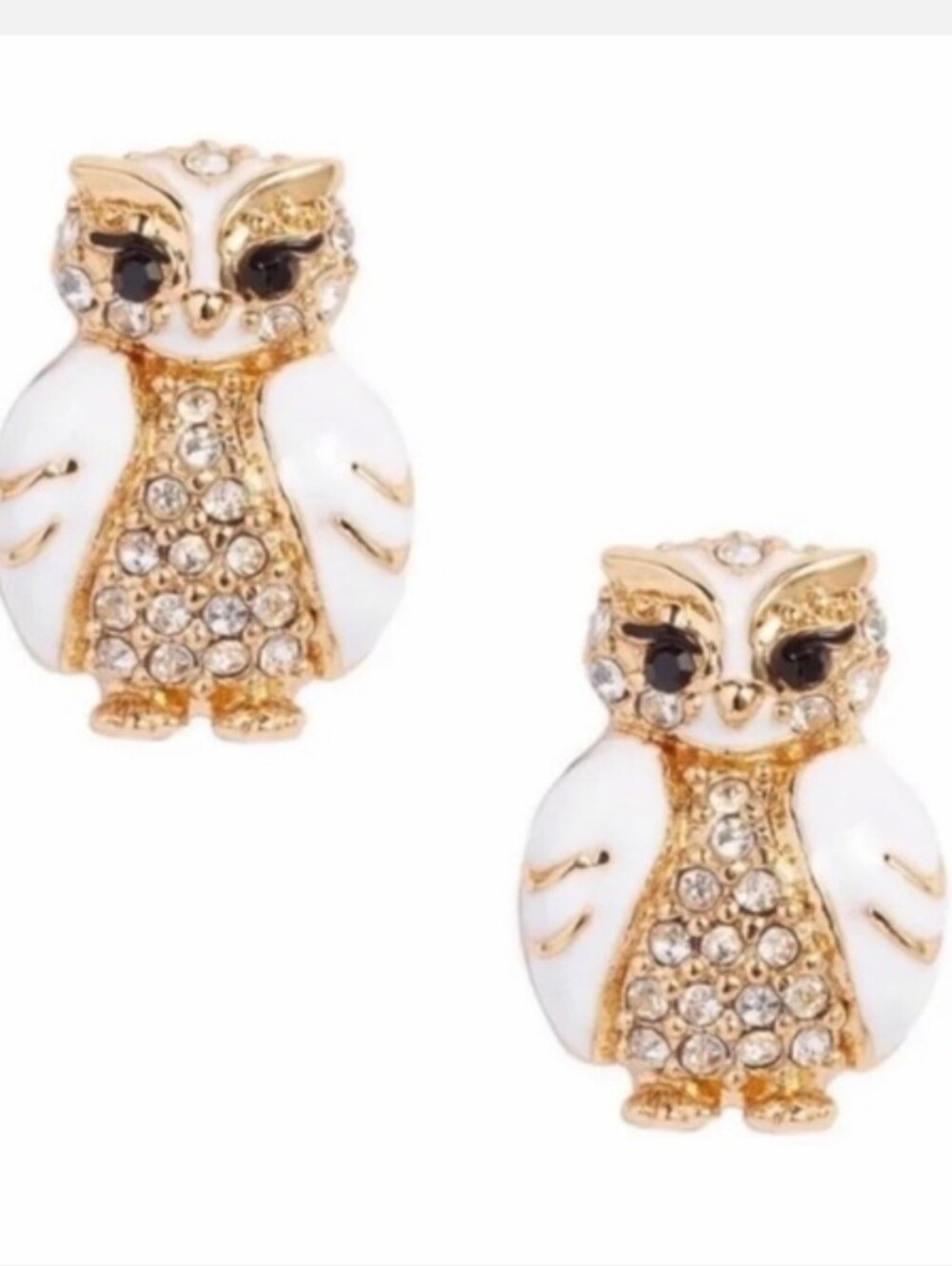 Kate Spade Starbright Pave Owl Stud Earrings NWT White Enamel Crystal Gold Tone